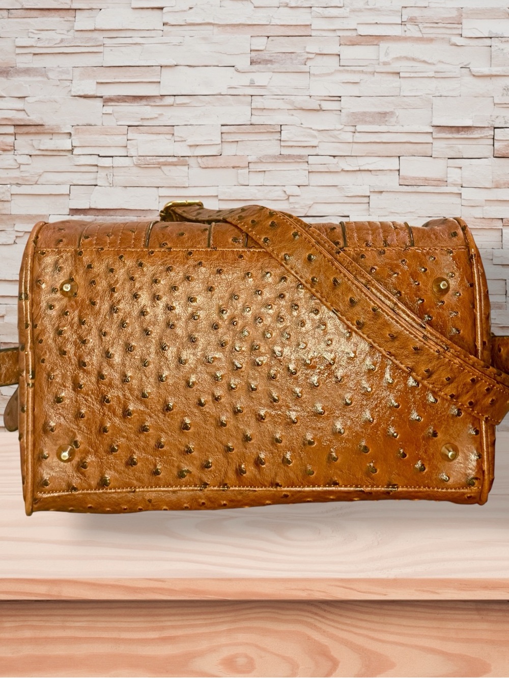 Michael Kors Cognac Ostrich-Embossed Leather Satchel w/ Guillotine Closure - Picture 6 of 8